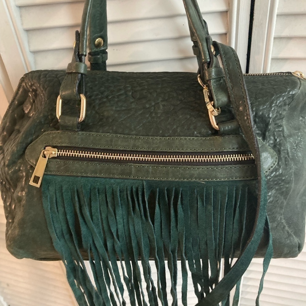FRINGE LEATHER Purse SHOULDER BARREL OR CROSSBODY GREEN BOHO WESTERN Handbag